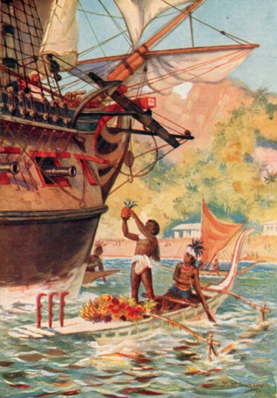 Marquesas-eilanders ruilen fruit met de expeditie van kapitein Cook door J. Williamson